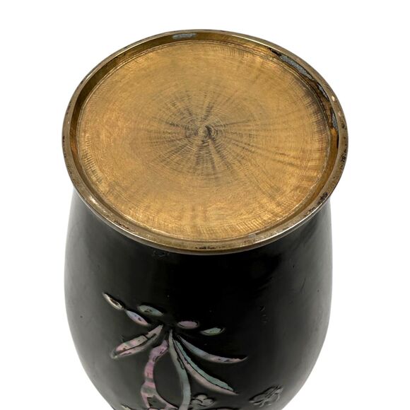 Vintage Asian Vase Enamel Over Brass with Mother of Pearl Inlay Flower Floral 6" - Picture 7 of 8